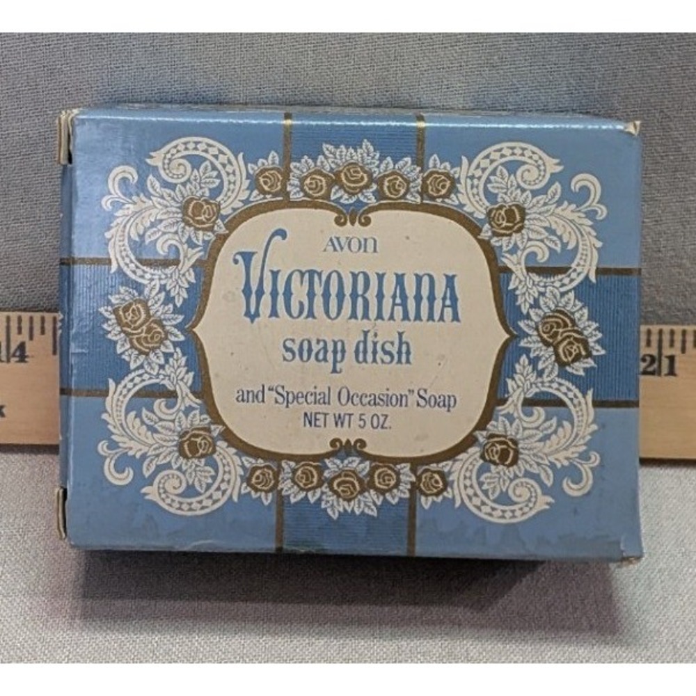 Avon Victoriana Soap Dish Set Blue Slag Glass 1978 Rose Embossed Vintage New